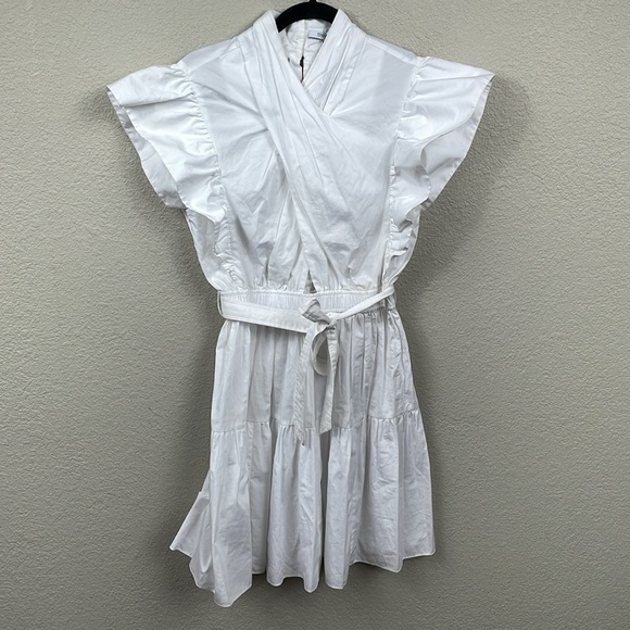 Derek Lam 10 Crosby Finn Ruffled Wrap Mini Dress Cotton Poplin White Sz 8 - Picture 3 of 16